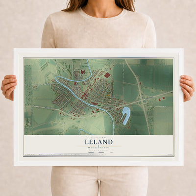 Map of Leland, Mississippi, 12 x 18 inch print in a white wood frame