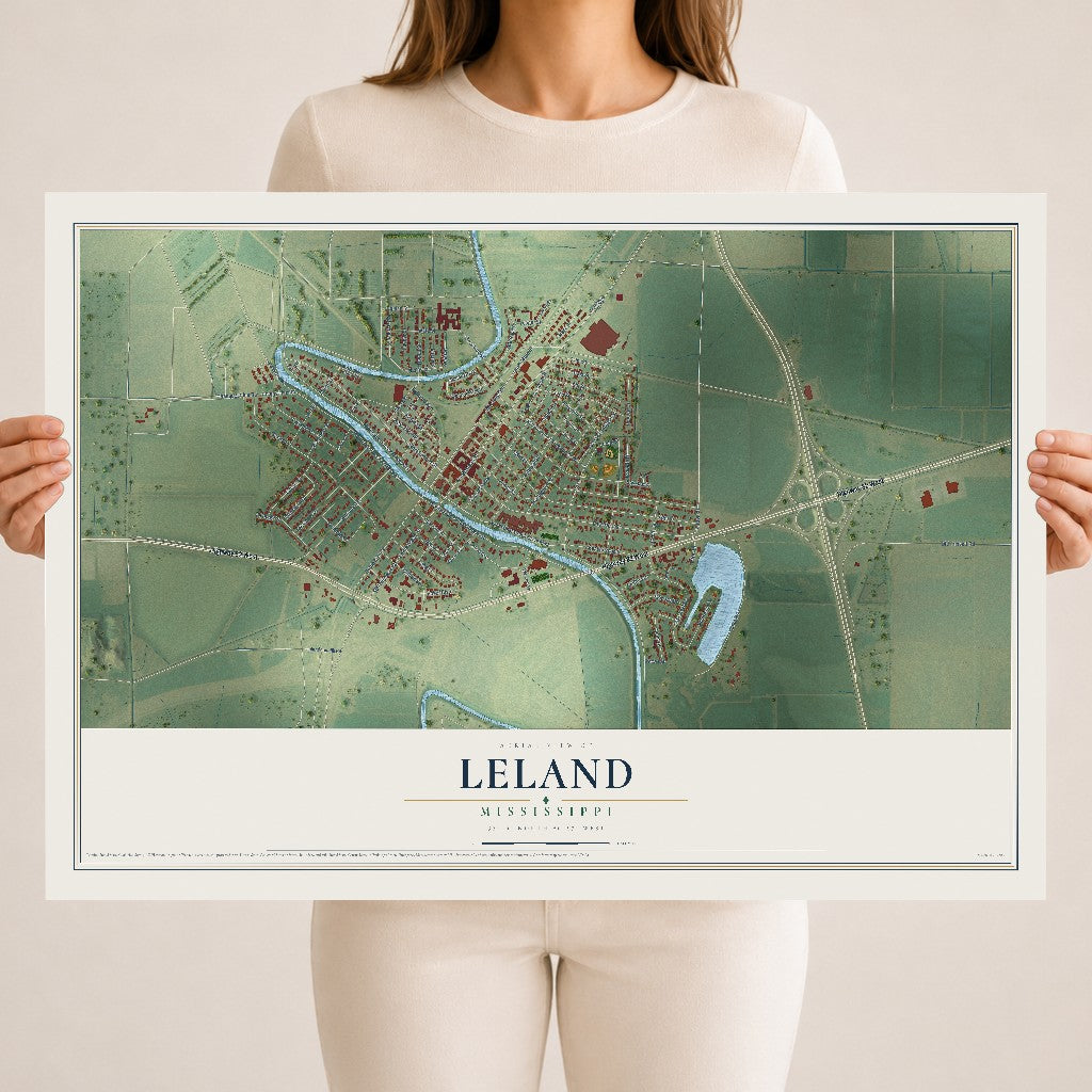 Map of Leland, Mississippi, 18 x 24 inch unframed archival matte print