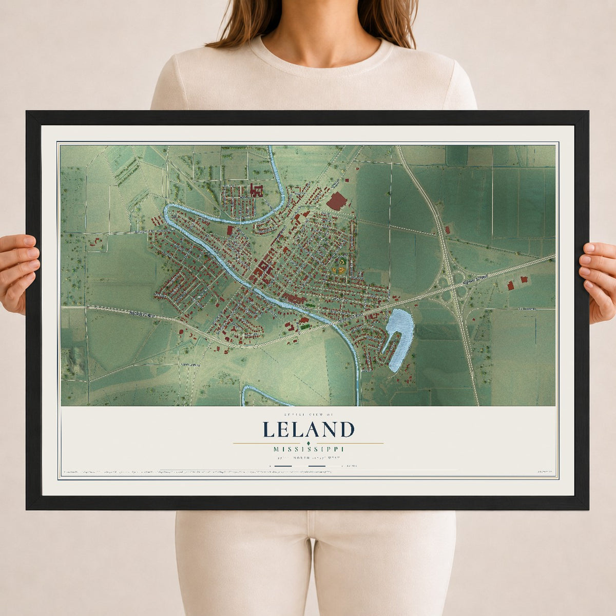 Map of Leland, Mississippi, 18 x 24 inch print in a black wood frame