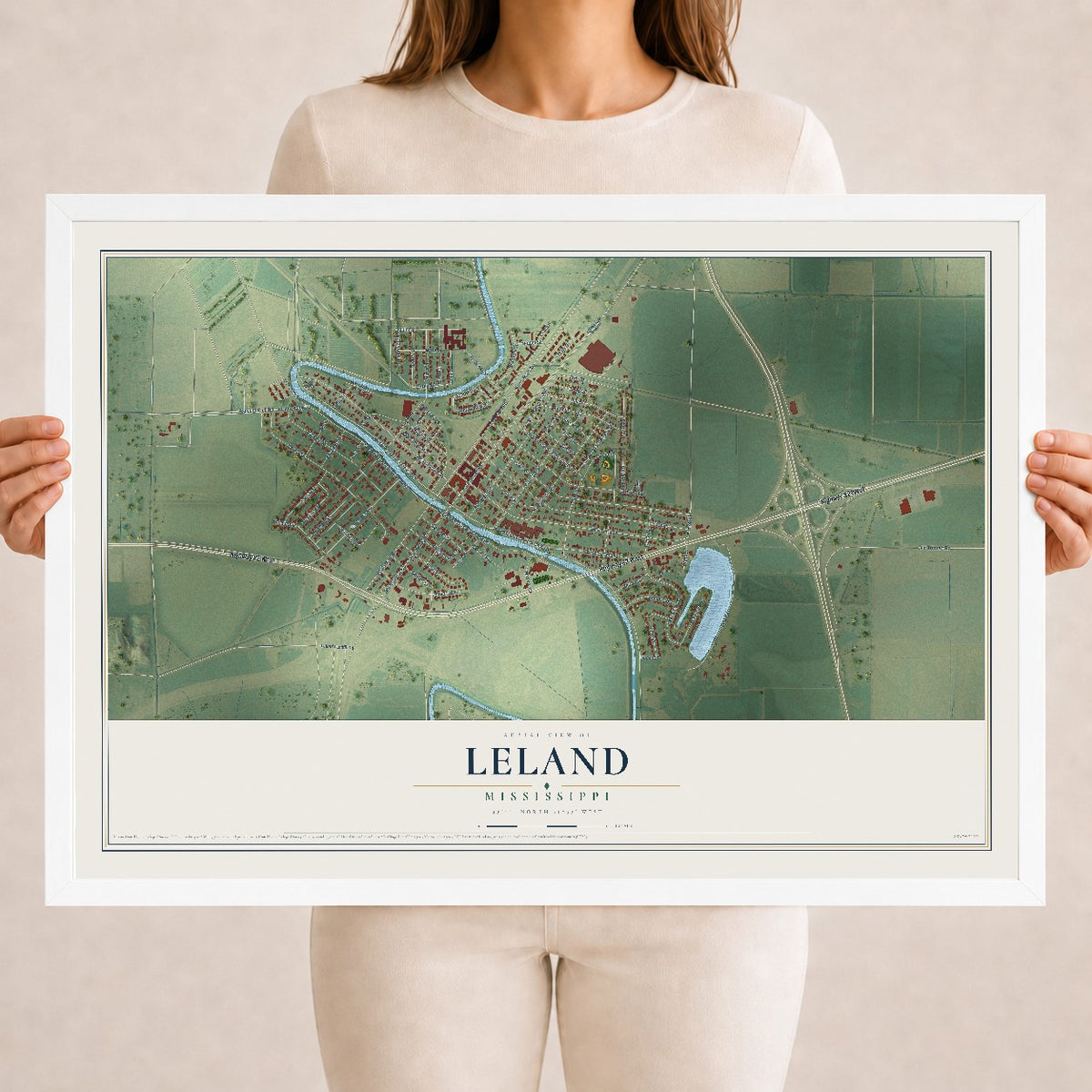 Map of Leland, Mississippi, 18 x 24 inch print in a white wood frame