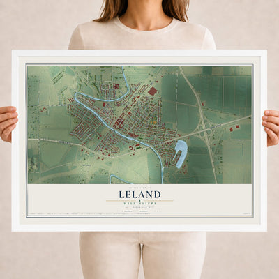 Map of Leland, Mississippi, 18 x 24 inch print in a white wood frame