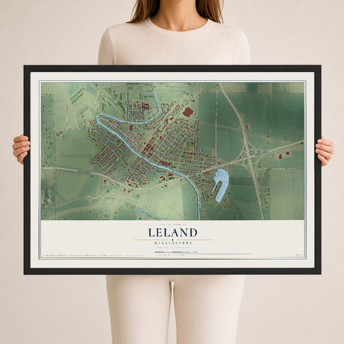 Map of Leland, Mississippi, 24 x 36 inch print in a black wood frame