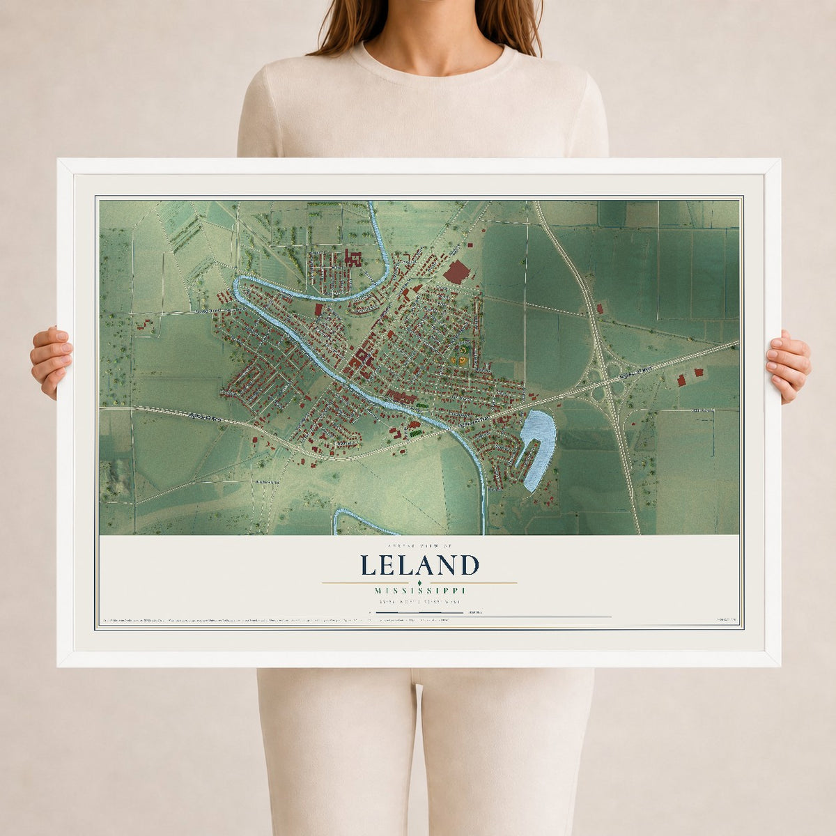 Map of Leland, Mississippi, 24 x 36 inch print in a white wood frame