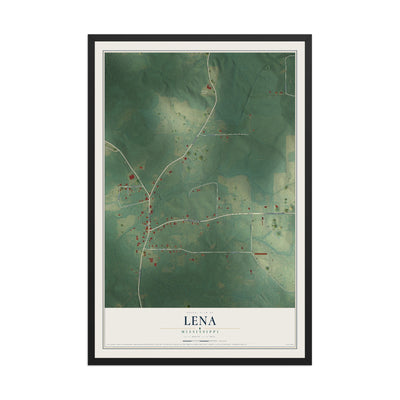 Map of Lena, Mississippi, 12 x 18 inch print in a black wood frame