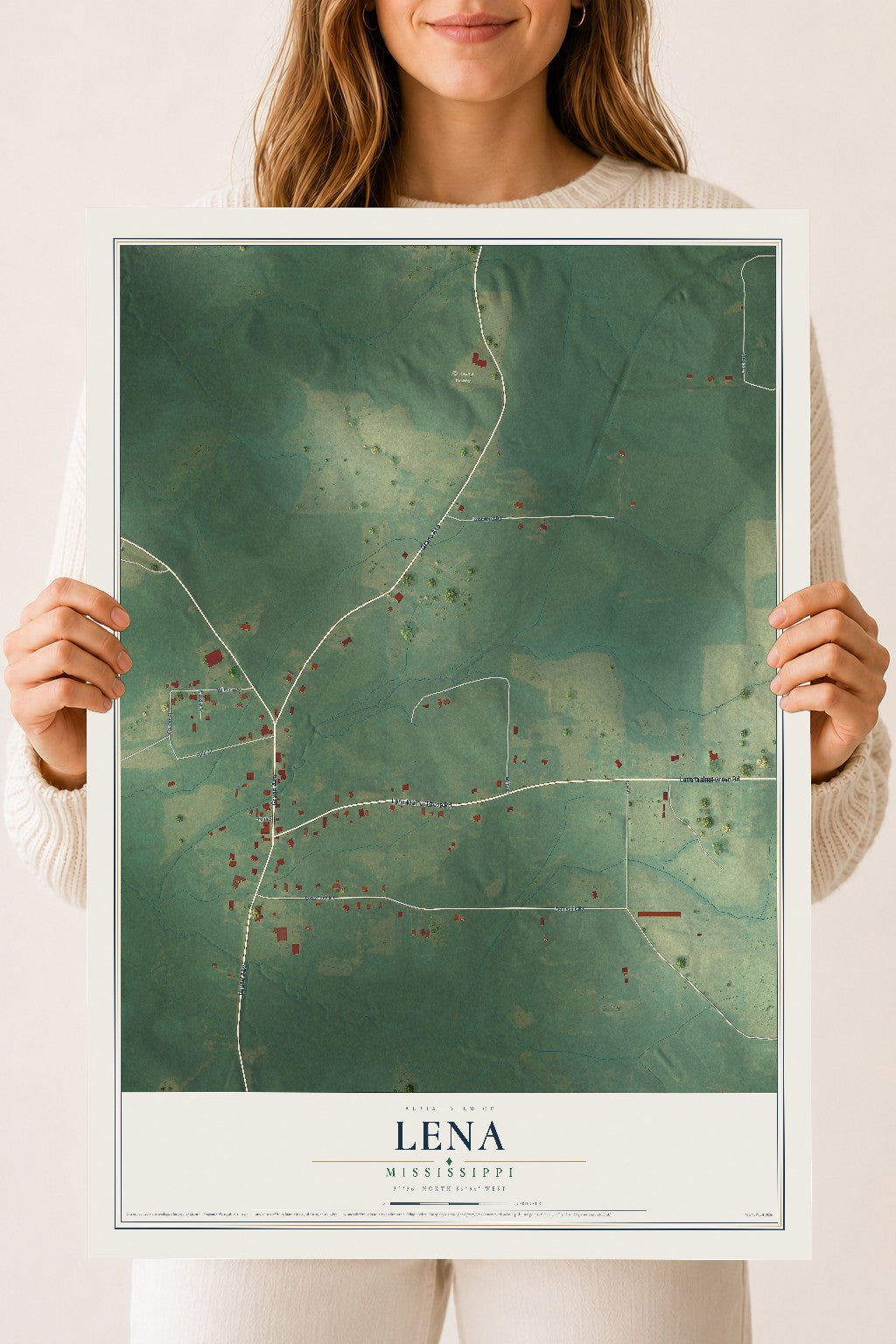 Map of Lena, Mississippi, 18 x 24 inch unframed archival matte print