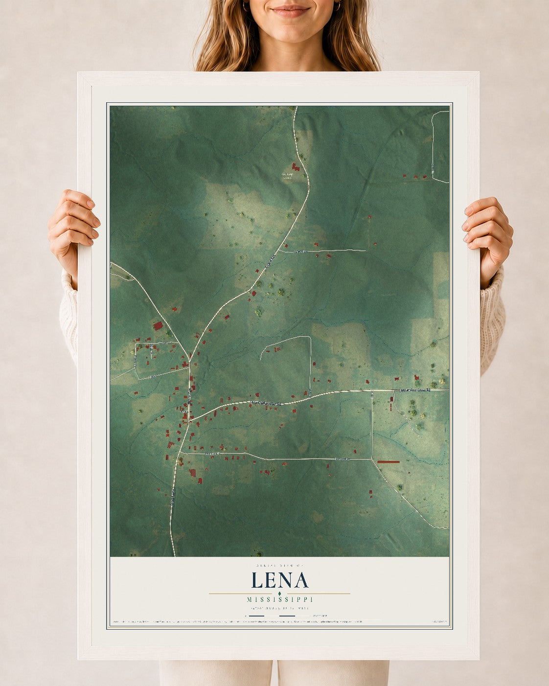 Map of Lena, Mississippi, 24 x 36 inch print in a white wood frame