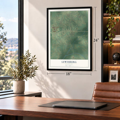Lewisburg, Mississippi map, 18 x 24 inch print in a black frame in a home office