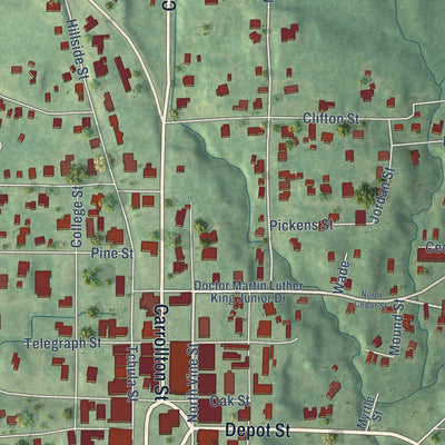 Close-up of the map of Lexington, Mississippi print showing street and building detail