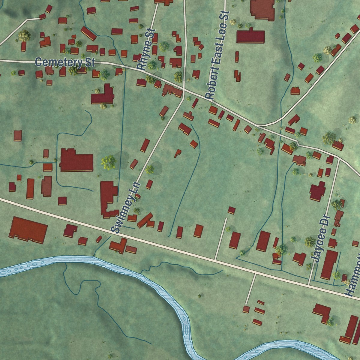Second close-up of the map of Lexington, Mississippi print showing more streets and buildings