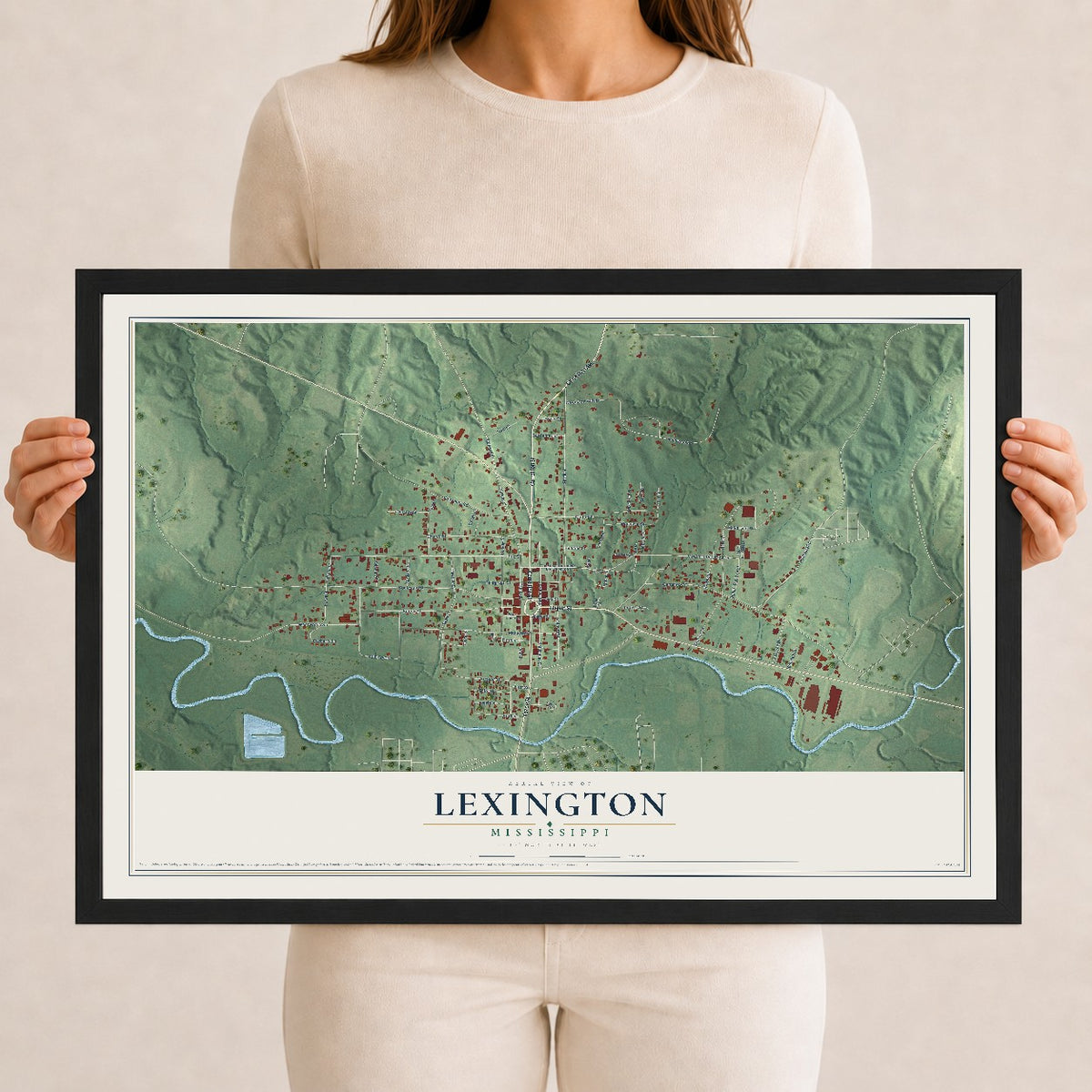 Map of Lexington, Mississippi, 12 x 18 inch print in a black wood frame