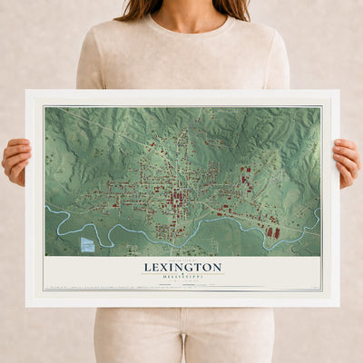 Map of Lexington, Mississippi, 12 x 18 inch print in a white wood frame