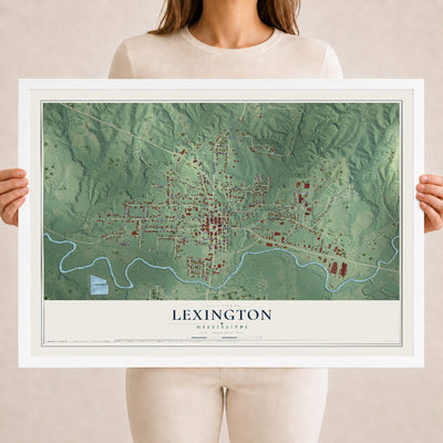 Map of Lexington, Mississippi, 18 x 24 inch print in a white wood frame