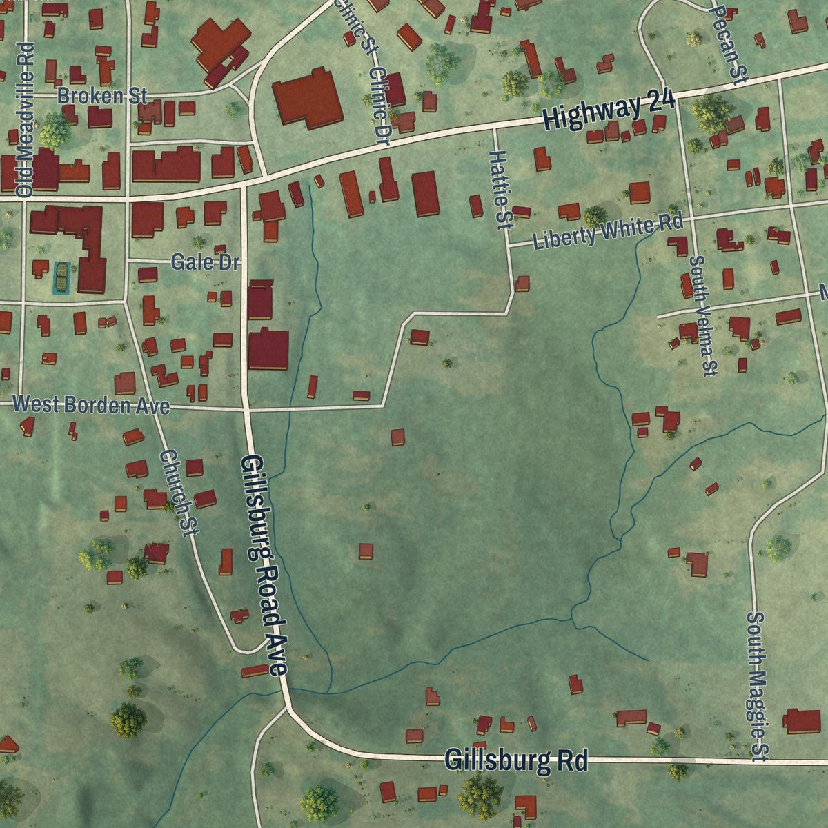 Close-up of the map of Liberty, Mississippi print showing street and building detail