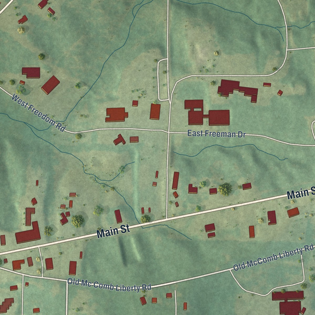 Second close-up of the map of Liberty, Mississippi print showing more streets and buildings