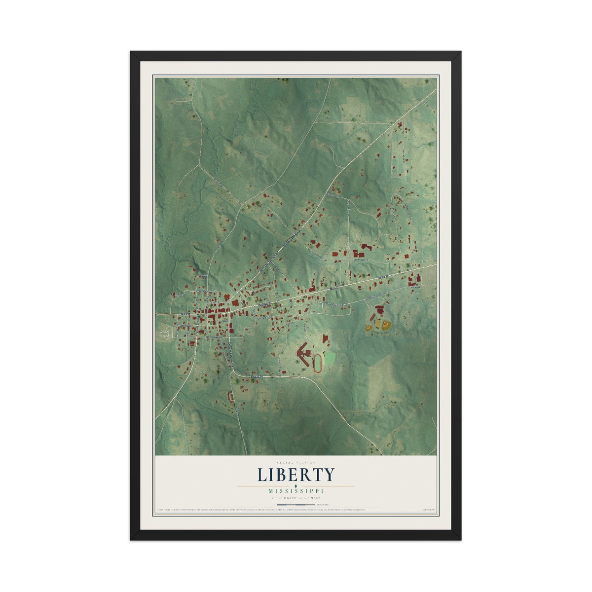 Map of Liberty, Mississippi, 12 x 18 inch print in a black wood frame