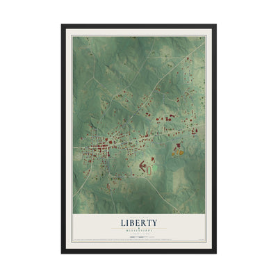 Map of Liberty, Mississippi, 12 x 18 inch print in a black wood frame