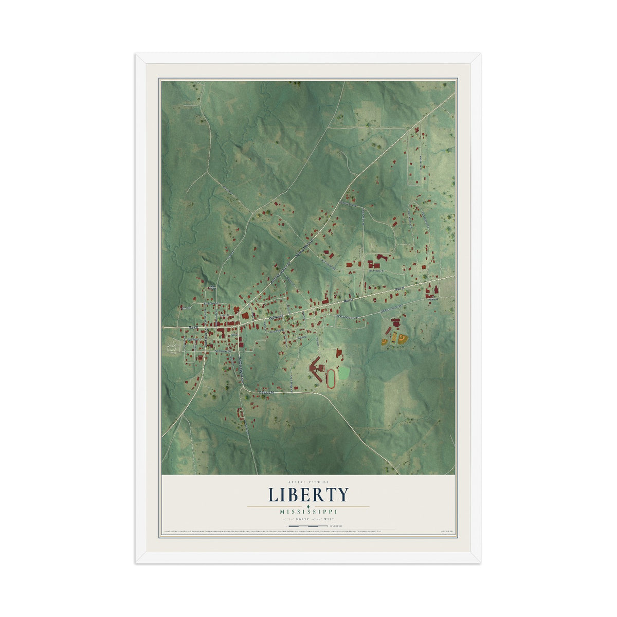 Map of Liberty, Mississippi, 12 x 18 inch print in a white wood frame