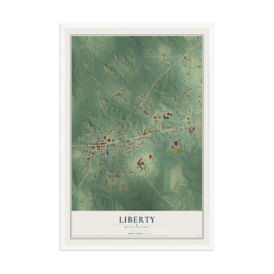 Map of Liberty, Mississippi, 12 x 18 inch print in a white wood frame