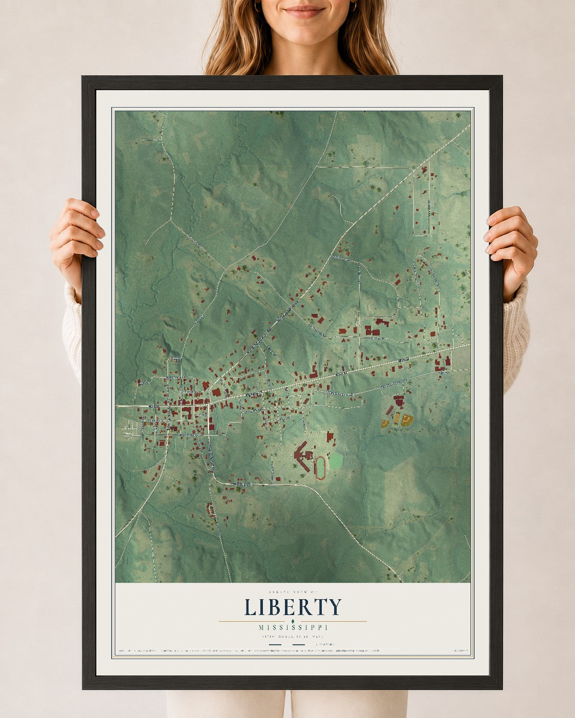 Map of Liberty, Mississippi, 24 x 36 inch print in a black wood frame