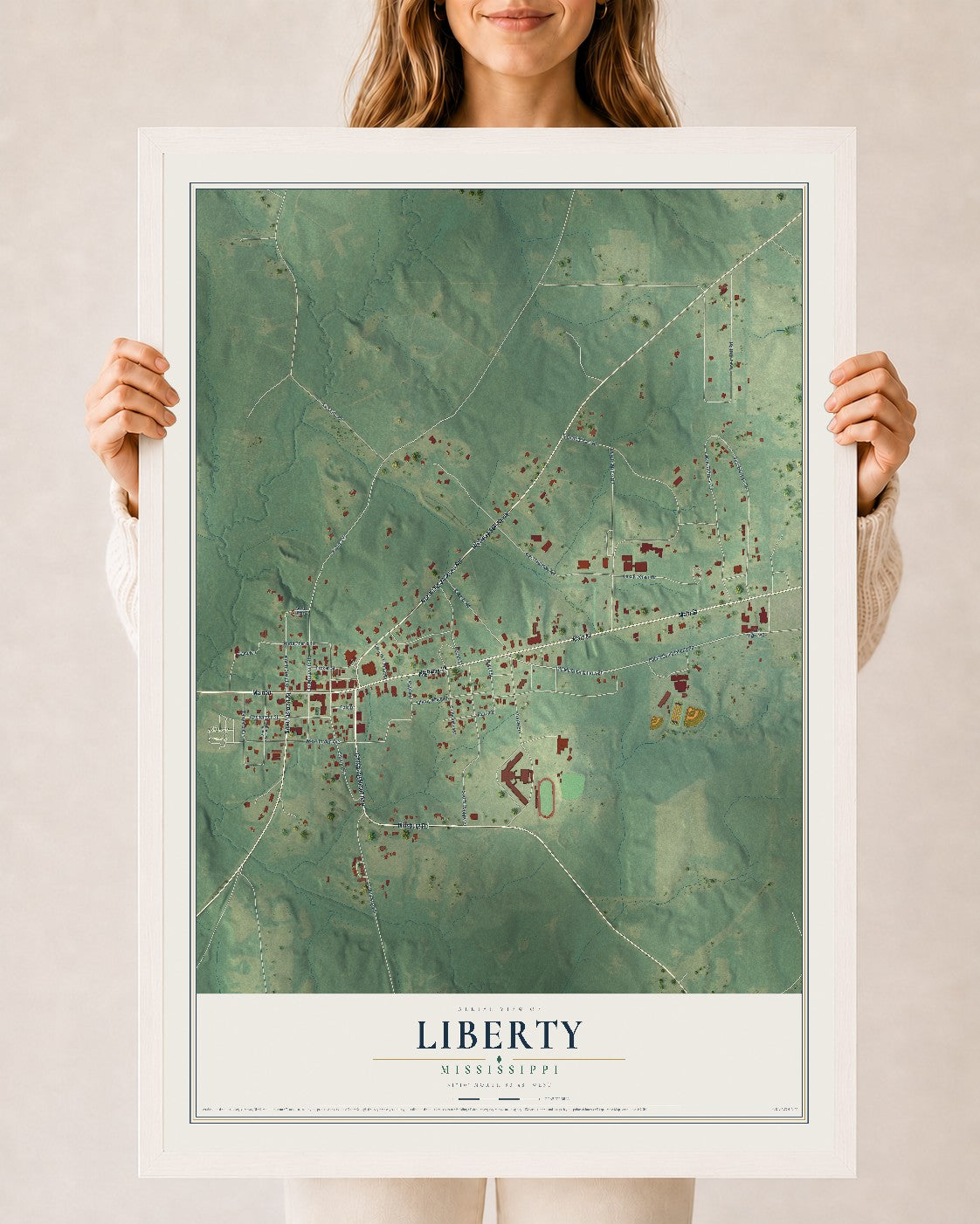 Map of Liberty, Mississippi, 24 x 36 inch print in a white wood frame