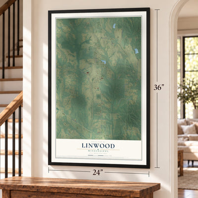 Linwood, Mississippi map, 24 x 36 inch print in a black frame by a staircase