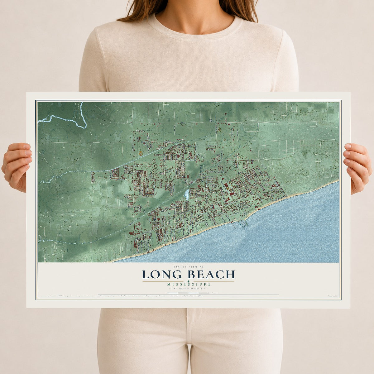 Map of Long Beach, Mississippi, 12 x 18 inch unframed archival matte print