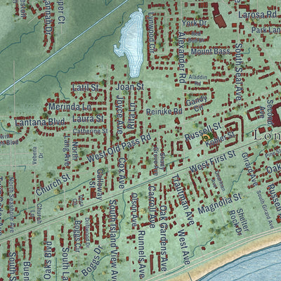 Close-up of the map of Long Beach, Mississippi print showing street and building detail