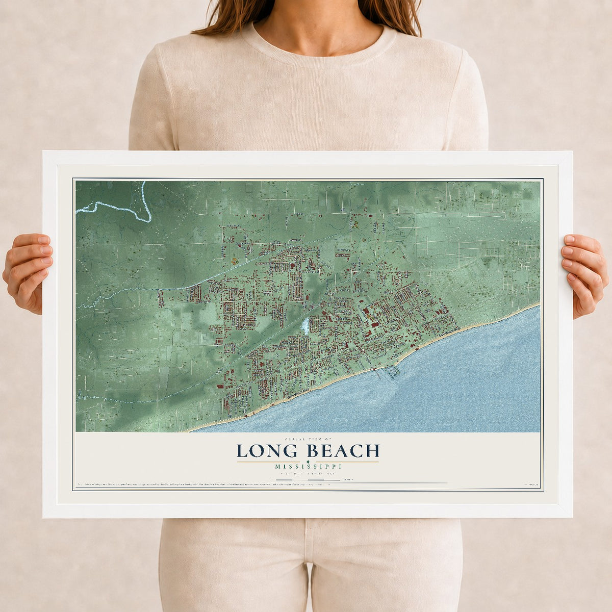 Map of Long Beach, Mississippi, 12 x 18 inch print in a white wood frame