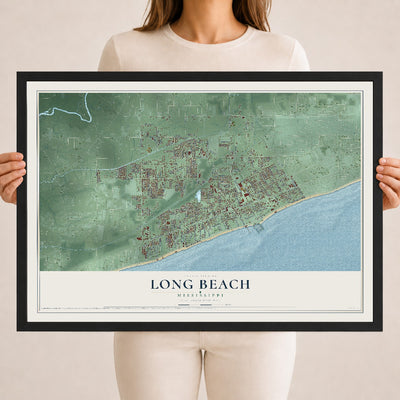 Map of Long Beach, Mississippi, 18 x 24 inch print in a black wood frame