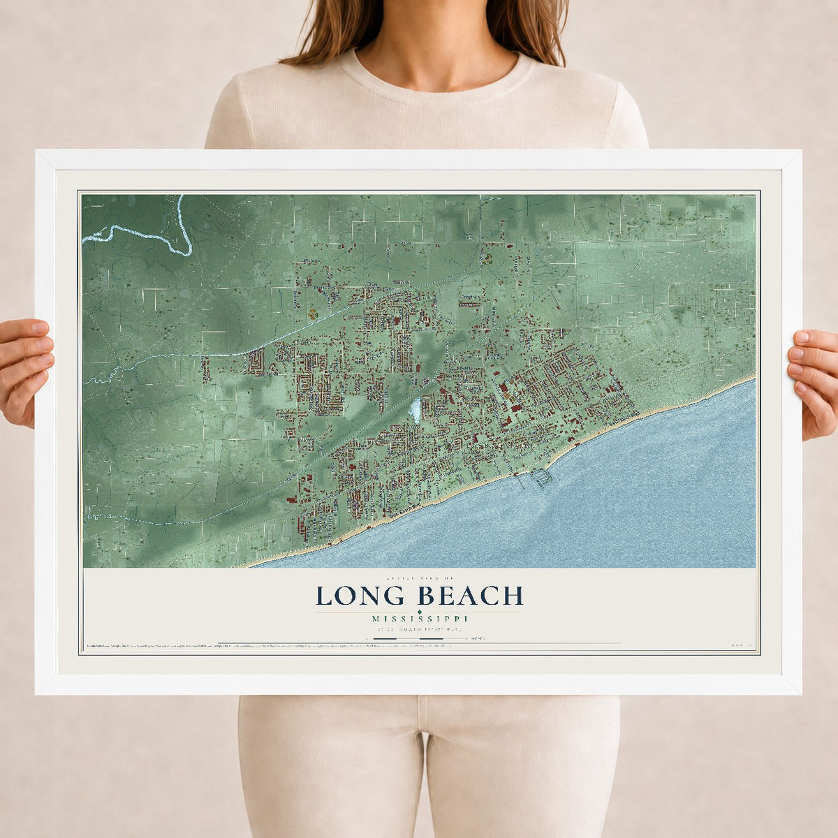 Map of Long Beach, Mississippi, 18 x 24 inch print in a white wood frame
