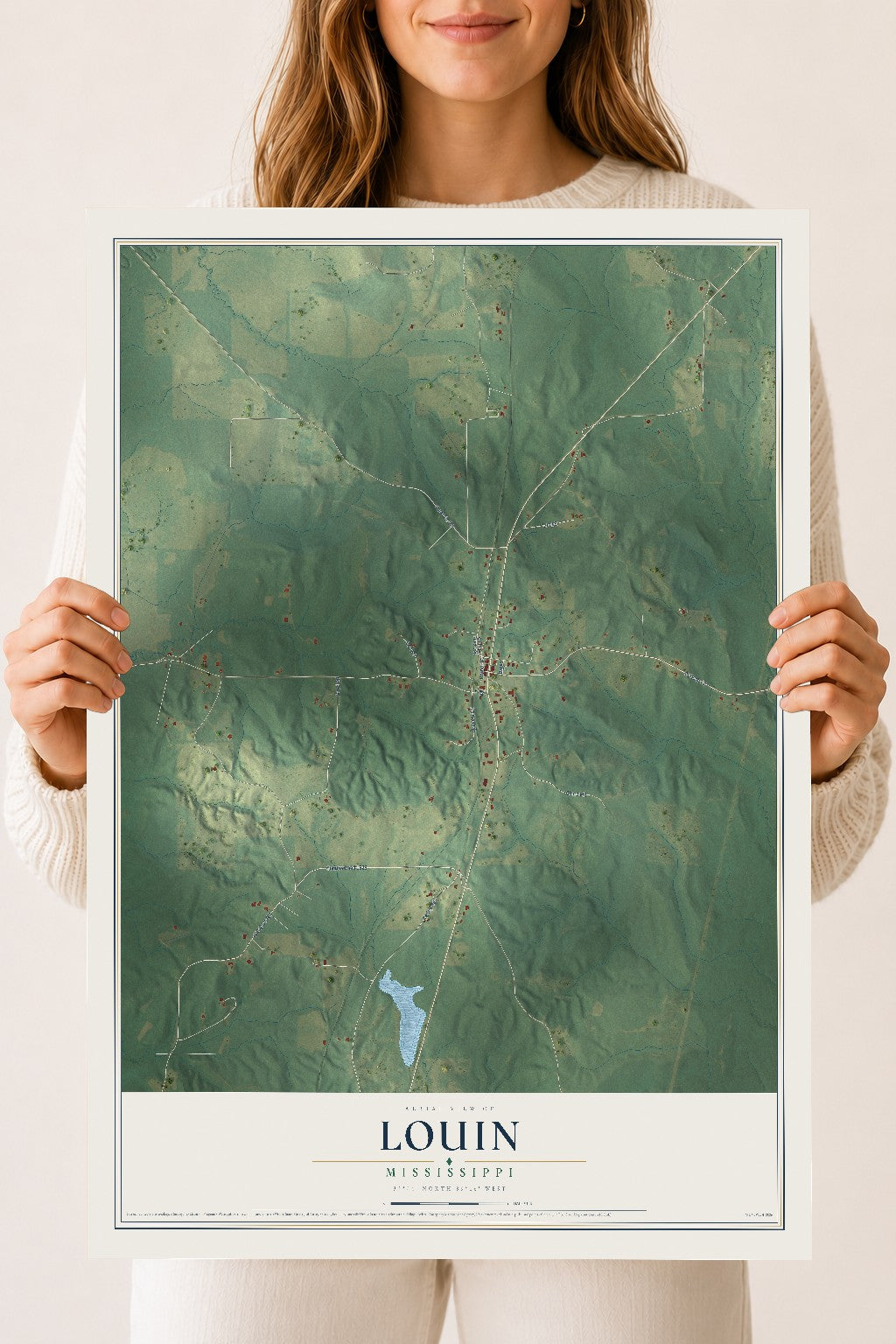 Map of Louin, Mississippi, 18 x 24 inch unframed archival matte print
