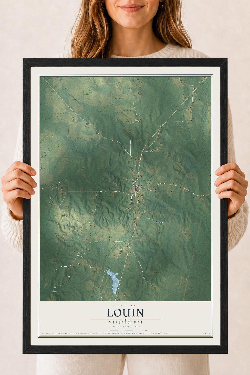 Map of Louin, Mississippi, 18 x 24 inch print in a black wood frame