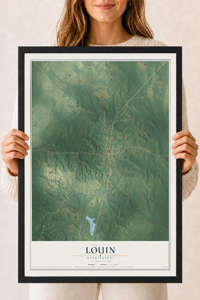 Map of Louin, Mississippi, 18 x 24 inch print in a black wood frame