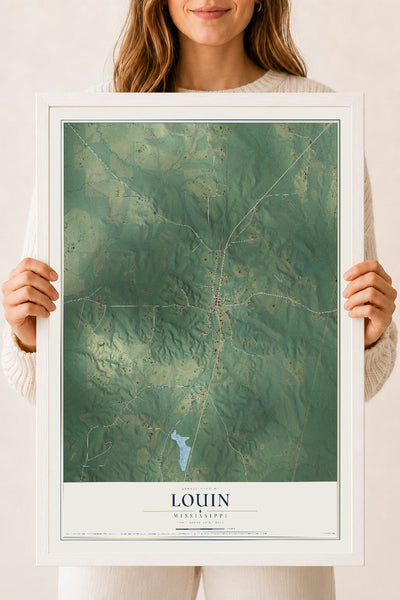 Map of Louin, Mississippi, 18 x 24 inch print in a white wood frame