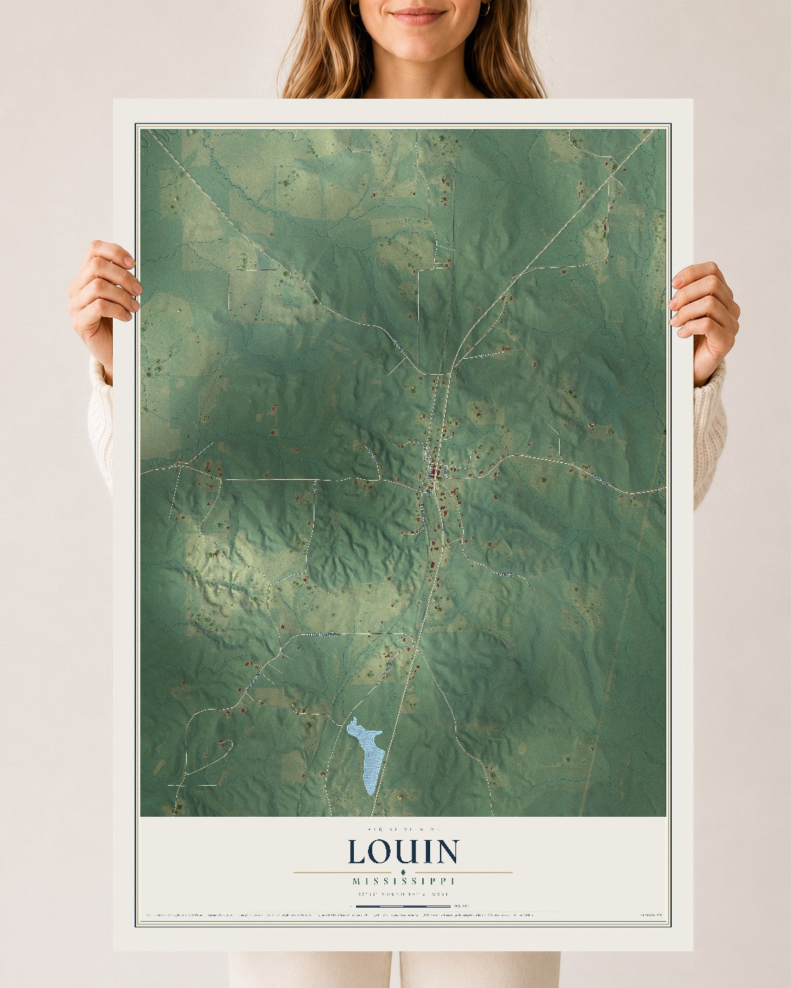 Map of Louin, Mississippi, 24 x 36 inch unframed archival matte print