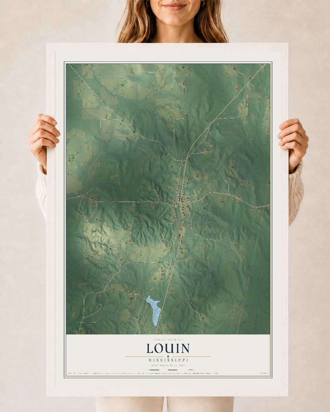 Map of Louin, Mississippi, 24 x 36 inch print in a white wood frame