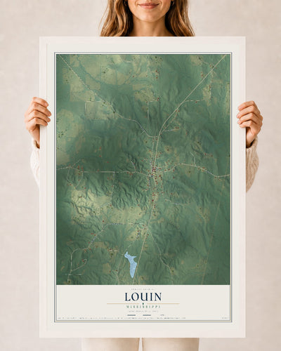 Map of Louin, Mississippi, 24 x 36 inch print in a white wood frame