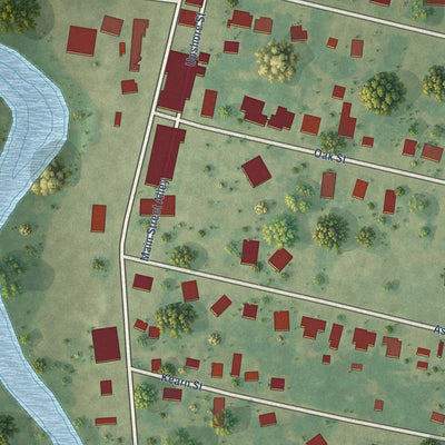 Close-up of the map of Louise, Mississippi print showing street and building detail