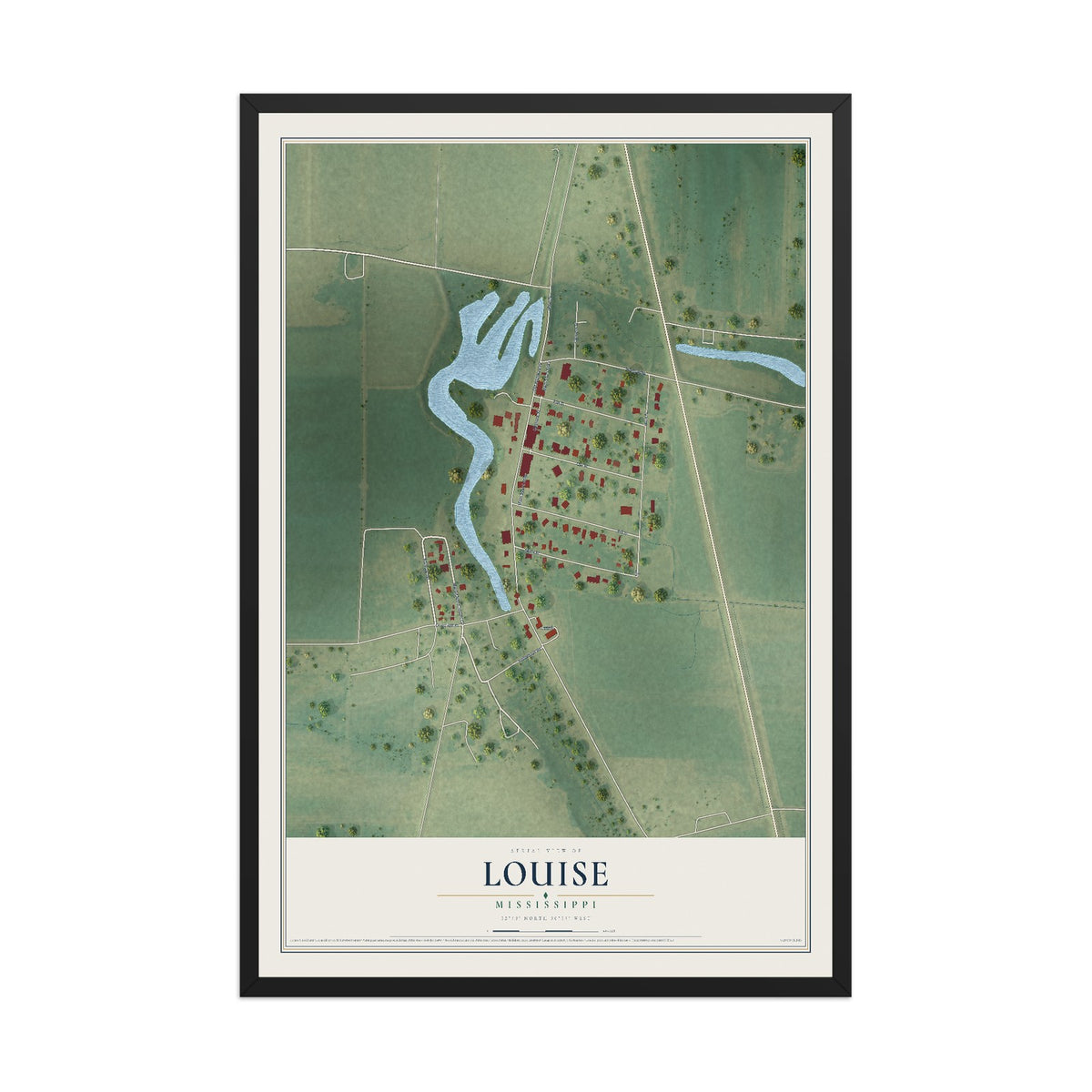 Map of Louise, Mississippi, 12 x 18 inch print in a black wood frame