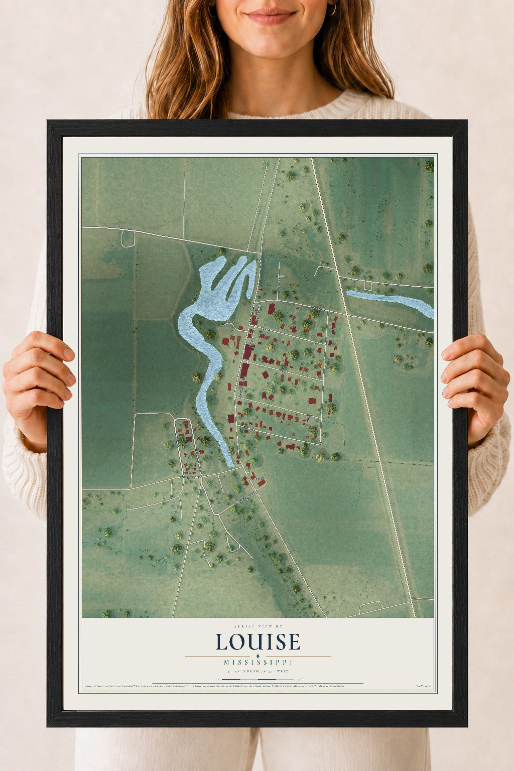 Map of Louise, Mississippi, 18 x 24 inch print in a black wood frame