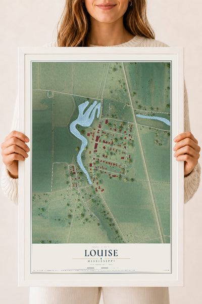Map of Louise, Mississippi, 18 x 24 inch print in a white wood frame