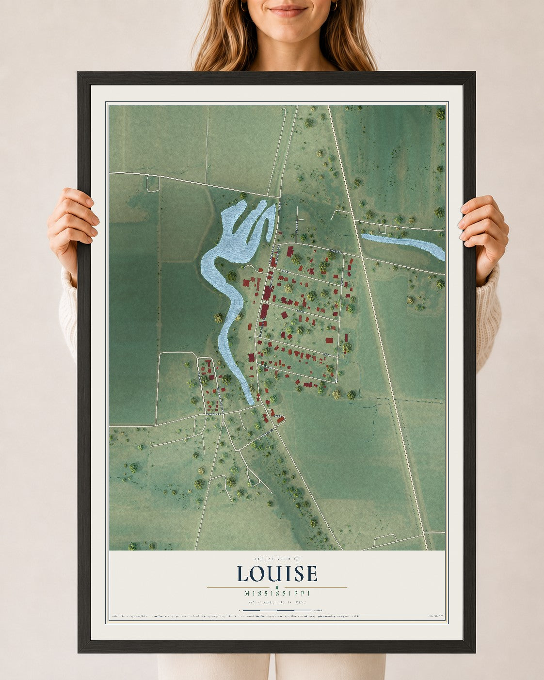 Map of Louise, Mississippi, 24 x 36 inch print in a black wood frame