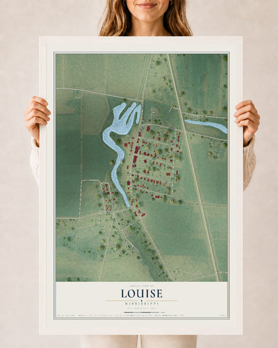 Map of Louise, Mississippi, 24 x 36 inch print in a white wood frame