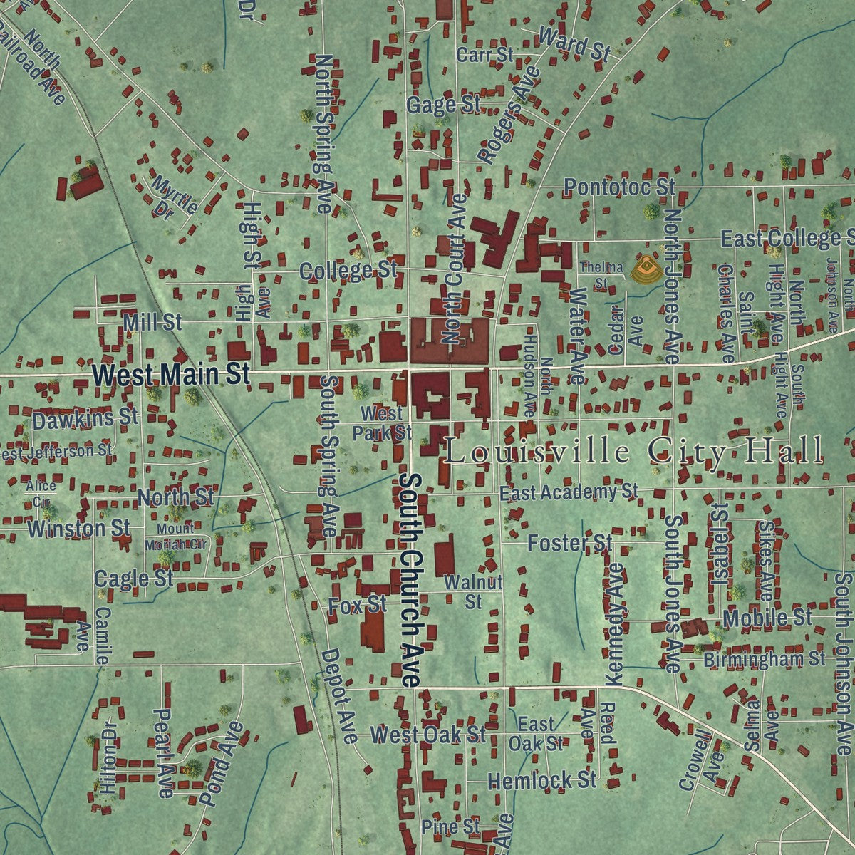 Close-up of the map of Louisville, Mississippi print showing street and building detail
