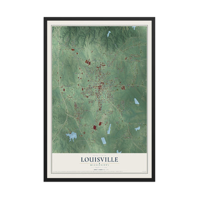 Map of Louisville, Mississippi, 12 x 18 inch print in a black wood frame