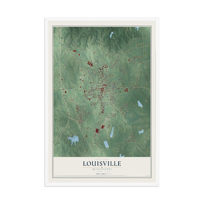 Map of Louisville, Mississippi, 12 x 18 inch print in a white wood frame
