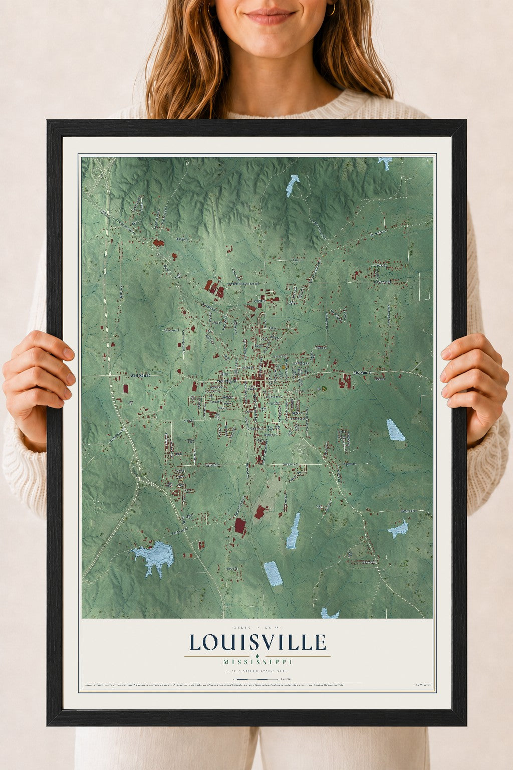 Map of Louisville, Mississippi, 18 x 24 inch print in a black wood frame