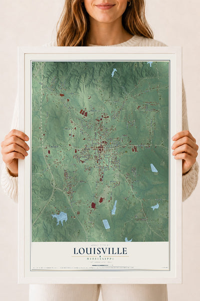 Map of Louisville, Mississippi, 18 x 24 inch print in a white wood frame