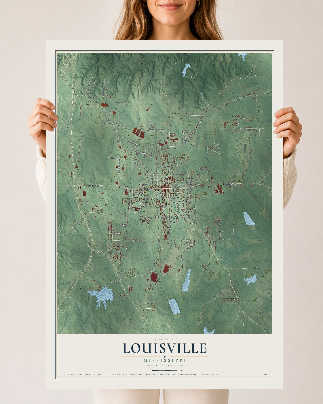 Map of Louisville, Mississippi, 24 x 36 inch unframed archival matte print