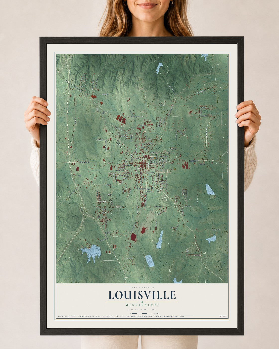 Map of Louisville, Mississippi, 24 x 36 inch print in a black wood frame